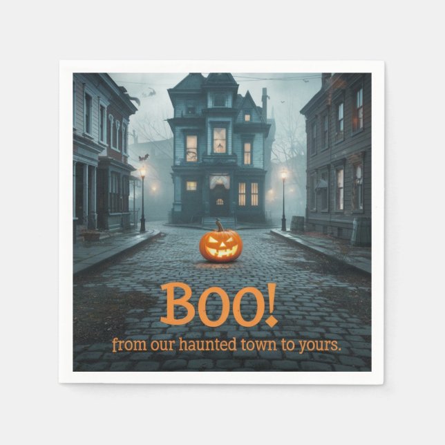 Ghostly Town Square Halloween Design Napkin (Front)