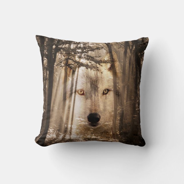 Ghostly wolf face in the woods cushion (Front)