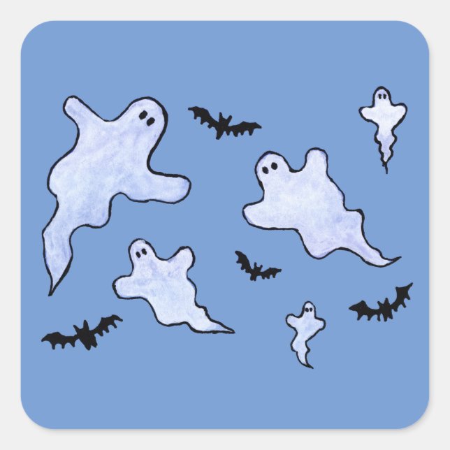 Ghosts and Bats Halloween Square Sticker (Front)