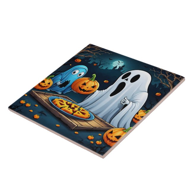 Ghosts carving pumpkins on Halloween Ceramic Tile (Side)