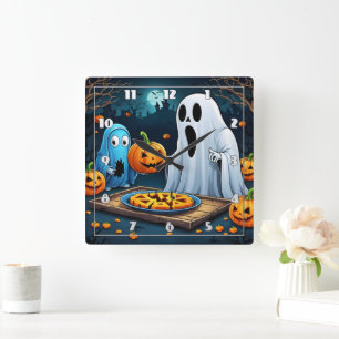 Ghosts carving pumpkins on Halloween Square Wall Clock