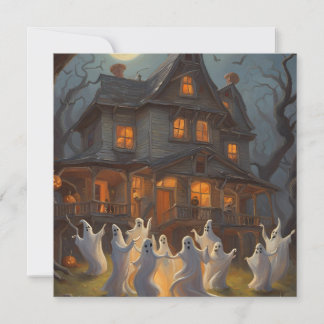 Ghosts Dance in Yard of Haunted House on Halloween Invitation