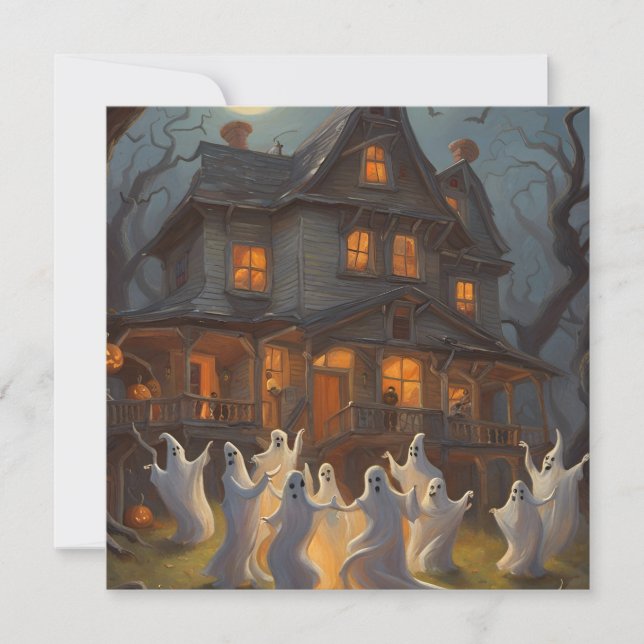 Ghosts Dance in Yard of Haunted House on Halloween Thank You Card (Front)