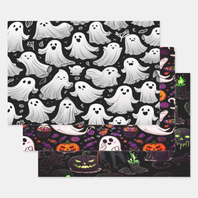 Ghosts Everywhere Spooky Fun Halloween Scene Wrapping Paper Sheet (Set)
