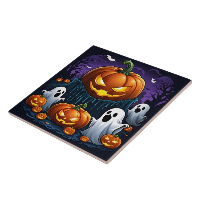 Ghosts gather by glowing pumpkins at night ceramic tile (Side)