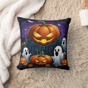 Ghosts gather by glowing pumpkins at night cushion