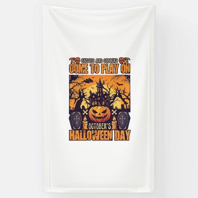 Ghosts Goblins Halloween Come Play October Haunted Banner (Vertical)