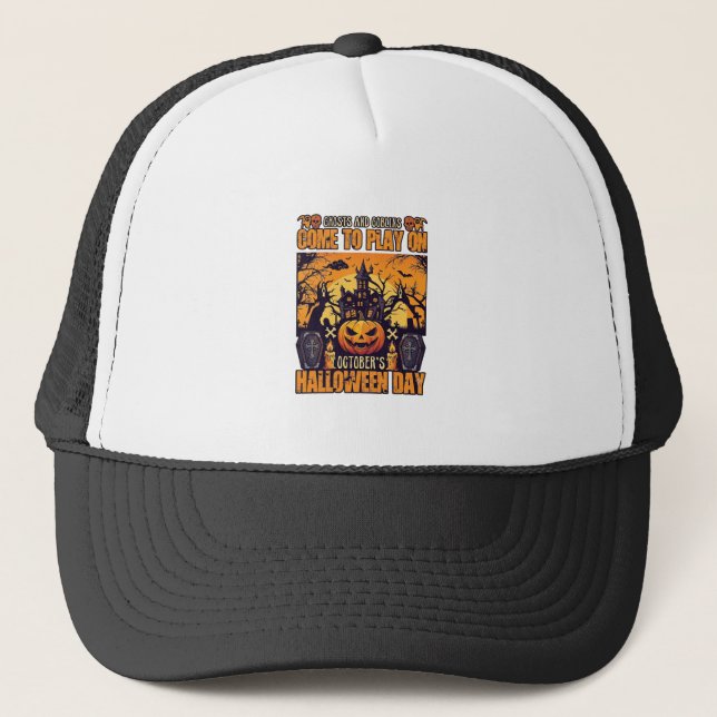 Ghosts Goblins Halloween Come Play October Haunted Trucker Hat (Front)
