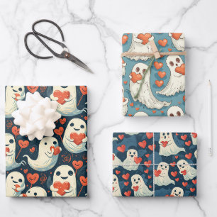 Ghosts Holding Hearts Valentine's Day Wrapping Paper Sheet