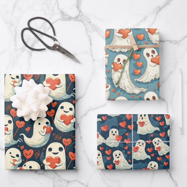 Ghosts Holding Hearts Valentine's Day  Wrapping Paper Sheet (Front)