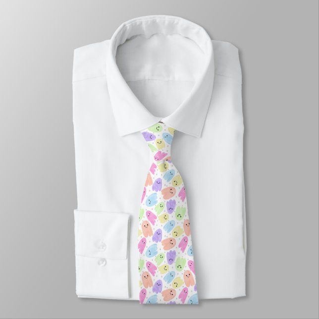 Ghosts Kawaii Pastel Watercolor Pattern Tie (Tied)