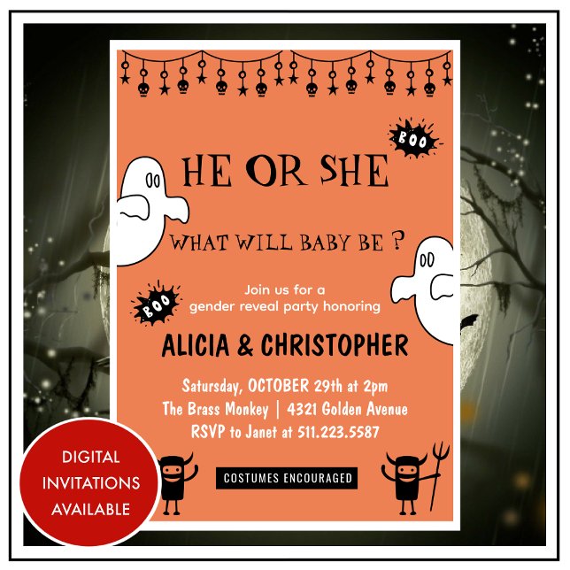 Ghosts Orange October Halloween gender reveal Invitation (Ghosts-Orange-October-Halloween-gender-reveal-Invitation-1)