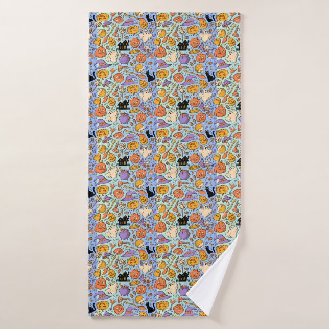 Ghosts, Pumpkins, Cats & Spooky Seamless Design Bath Towel (Bath Towel)