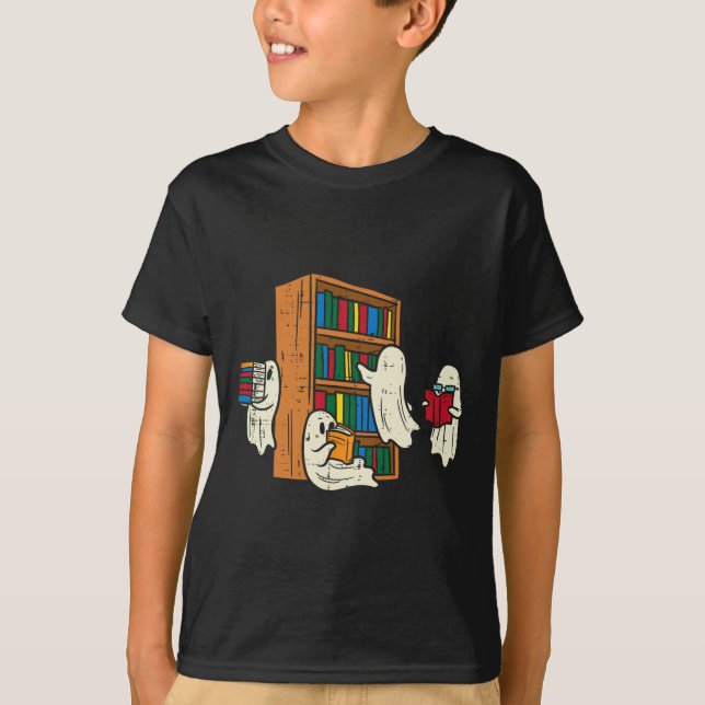 Ghosts Reading Books Teacher Halloween Librarian B T-Shirt (Front)