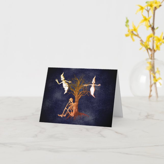 Ghosts Skeleton Cute Halloween Note Card (Yellow Flower)