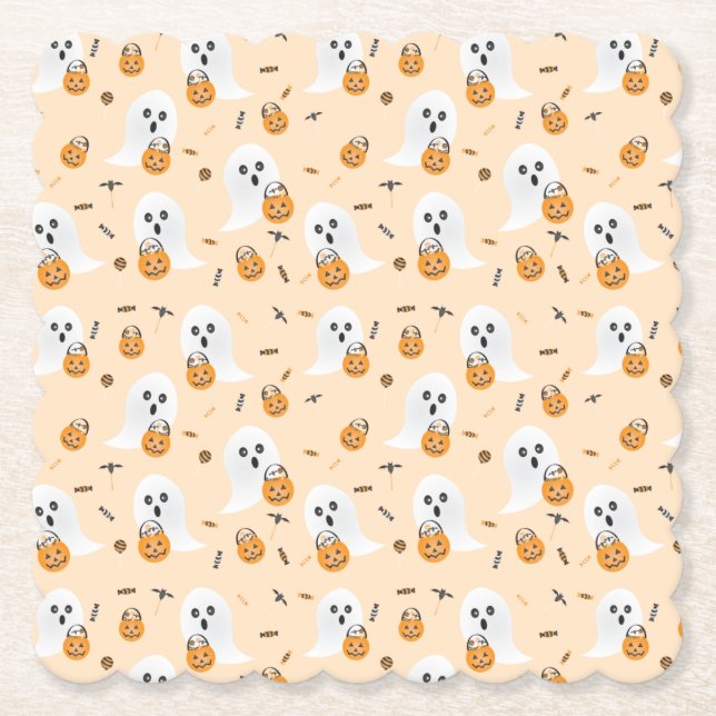 Ghosts Trick Or Treat Halloween Candy Pail Pattern Paper Coaster (Front)