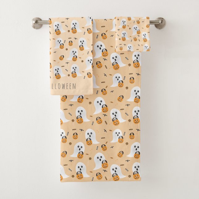 Ghosts Trick Or Treating Pumpkin Pail Pattern Bath Towel Set (Insitu)