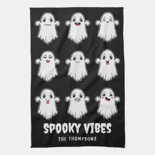 Ghosts With Different Facial Expressions Halloween Tea Towel
