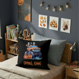 Ghoul Gang Halloween Monster Truck Throw Pillow
