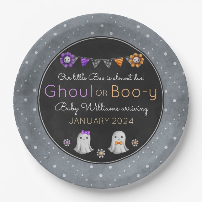 Ghoul or Boo-y Halloween gender reveal plates (Front)