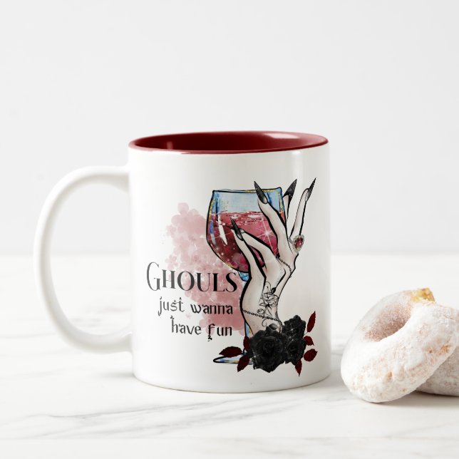 Ghouls Just Wanna Have Fun Halloween  Two-Tone Coffee Mug (With Donut)
