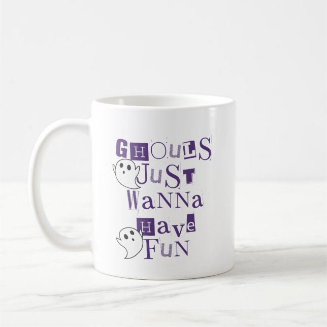 Ghouls Just Wanna Have Fun Purple Halloween Ghosts Coffee Mug (Left)