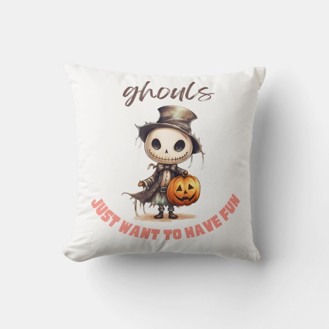 Ghouls Just Want to Have Fun White Halloween Cushion (Front)