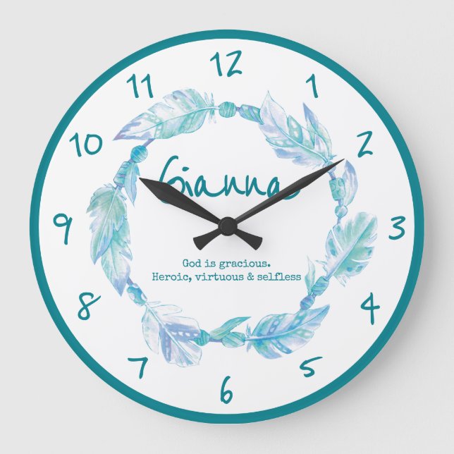 Gianna feather beads wreath name meaning aqua large clock (Front)