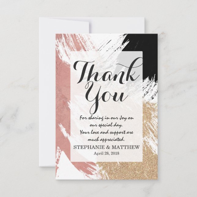Giant Artsy Brushstrokes in Gold Rose Gold Glitter Thank You Card (Front)