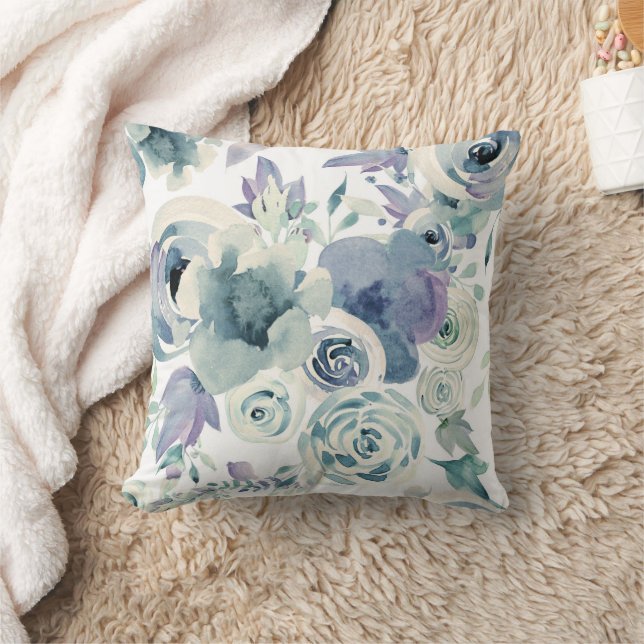 Giant Blue Teal Roses Watercolor  Throw Pillow (Blanket)