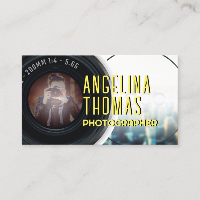 Giant camera lens portrait photo and logo business card (Front)