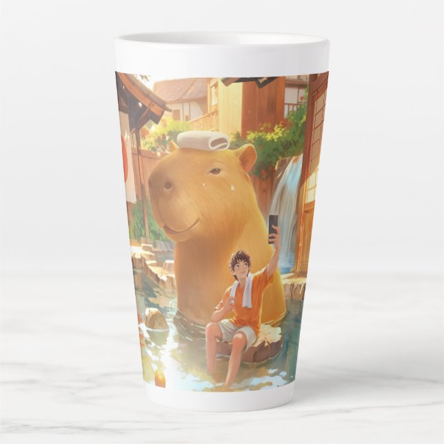 Giant Capybara – Hot Spring Illustration Latte Mug (Front)