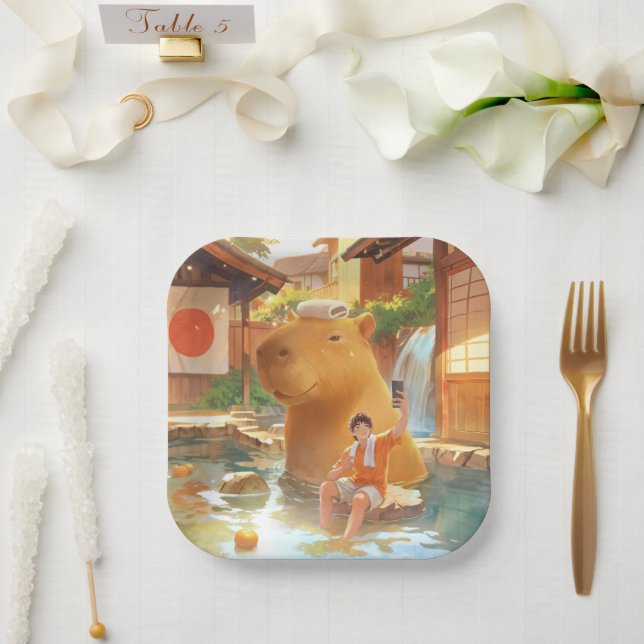 Giant Capybara – Hot Spring Illustration Paper Plate (Wedding)