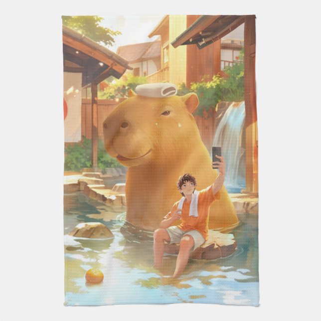 Giant Capybara – Hot Spring Illustration Tea Towel (Vertical)