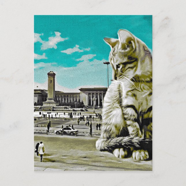 Giant Cat Sitting In The Square Surreal Collage Postcard (Front)
