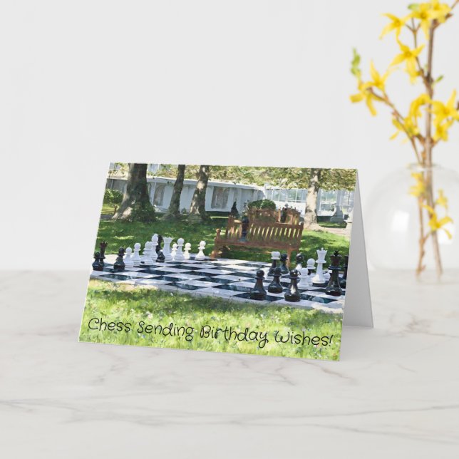 Giant Chess Game in Park Fun Pun Birthday Card (Yellow Flower)