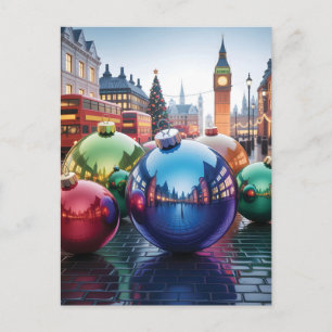 Giant Christmas Ornaments on a Rainy London Street Postcard