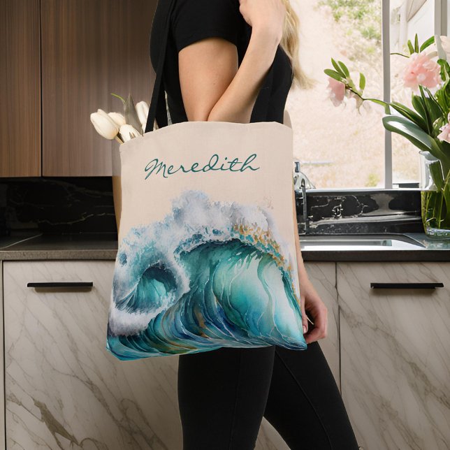 Giant Cresting Blue Green Ocean Wave with Monogram Tote Bag (Creator Uploaded)