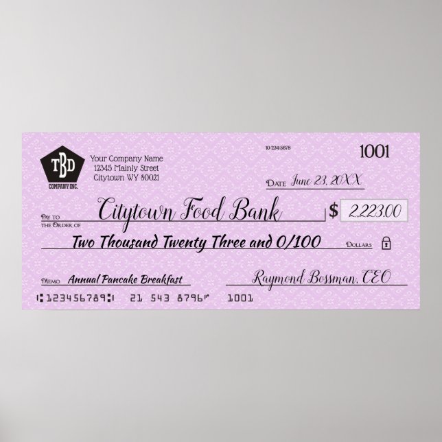 Giant faux presentation check charity bonus prize poster (Front)