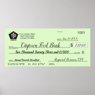 Giant faux presentation check charity bonus prize poster