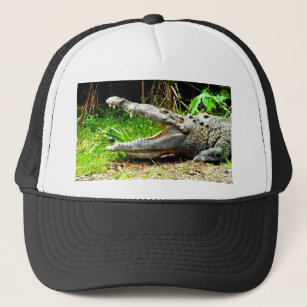 Giant gator with his mouth open trucker hat