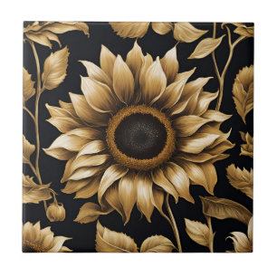 Giant Gold Sunflower on Black Ceramic Tile