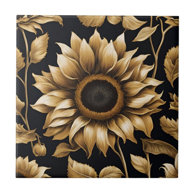 Giant Gold Sunflower on Black Ceramic Tile (Front)