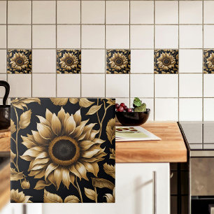 Giant Gold Sunflower on Black Ceramic Tile
