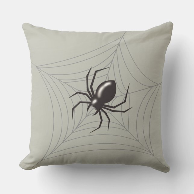 Giant Halloween Spider in its Web grey bg Cushion (Front)