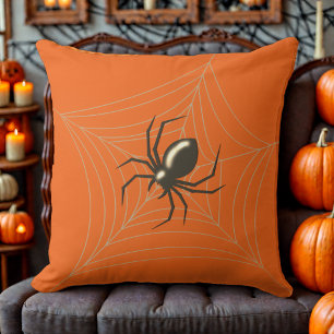 Giant Halloween Spider in its Web orange bg Cushion
