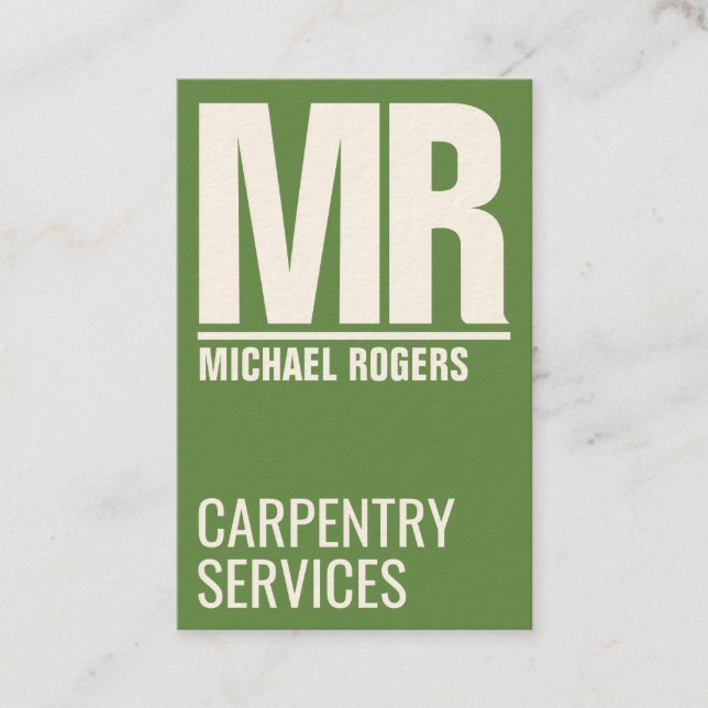 Giant initials bold cover standout olive green business card (Front)