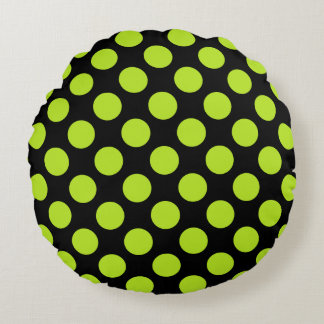 Giant Lime Green Polka Dots on Black Round Pillow