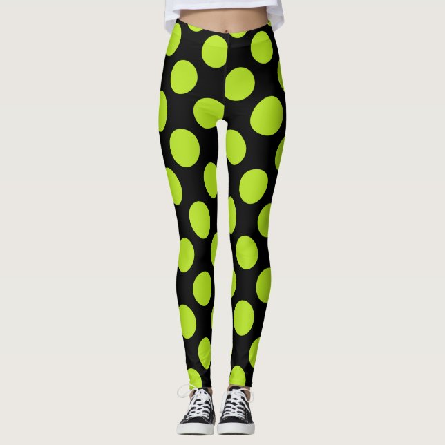 Giant Lime Green Polkadots on Black Leggings (Front)
