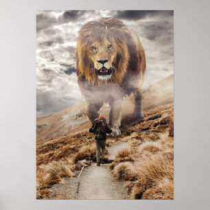 Giant Lion vs Man - Success Mindset Motivational Poster